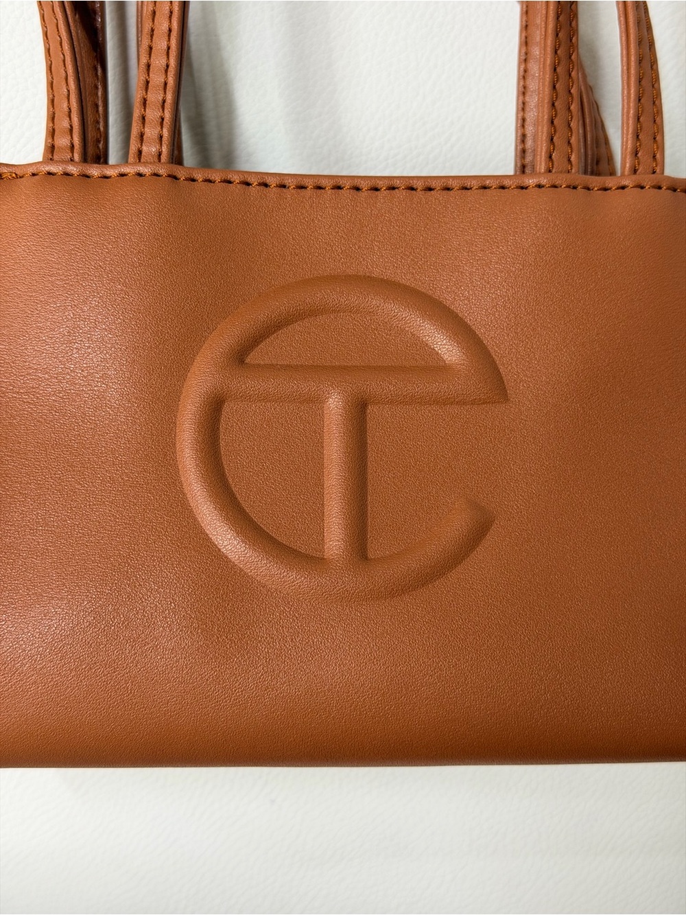 NWOT Telfar Mini Unisex Leather Crossbody Shoulder Handheld Tan Brown Embossed - Picture 4 of 9